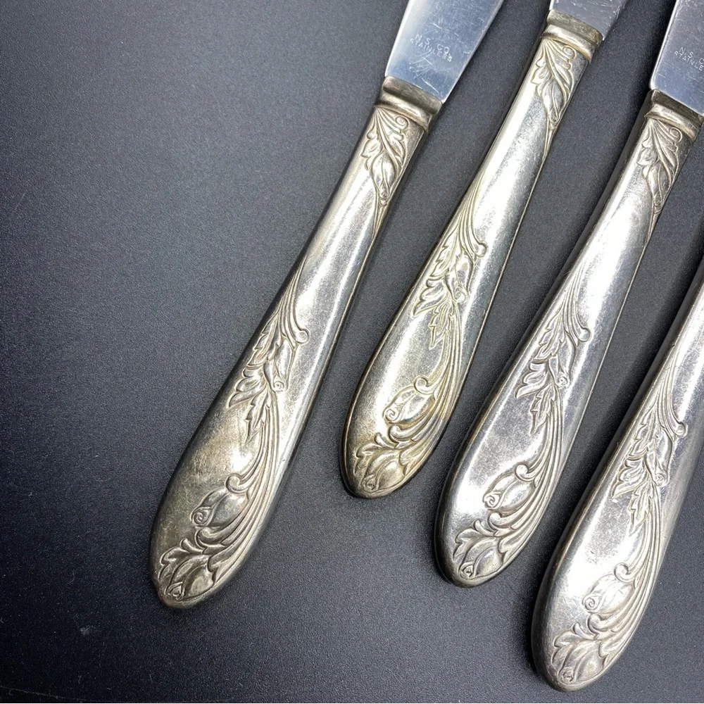 Vintage NS Co National Silver Co Silverplated 4 Dinner Knives Garden of Roses
